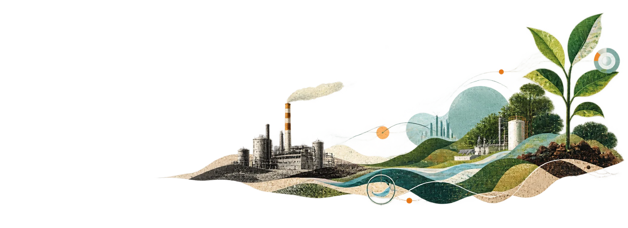 Editorial collage of an industrial facility, measurement marks, flowing landforms and a growing plant.
